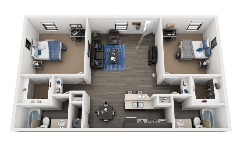 B1 - 2 bedroom floorplan layout with 2 bathrooms and 900 square feet