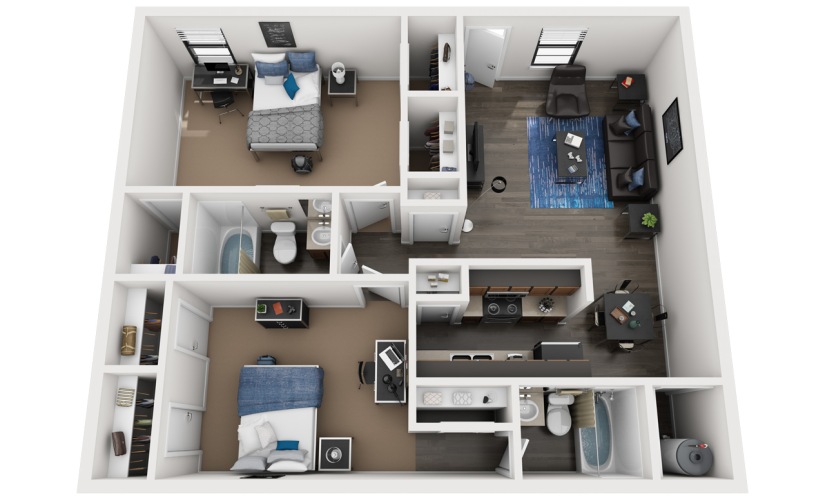 B2 - 2 bedroom floorplan layout with 2 bathrooms and 930 square feet