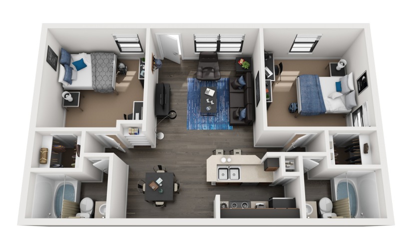 B3 - 2 bedroom floorplan layout with 2 bathrooms and 980 square feet